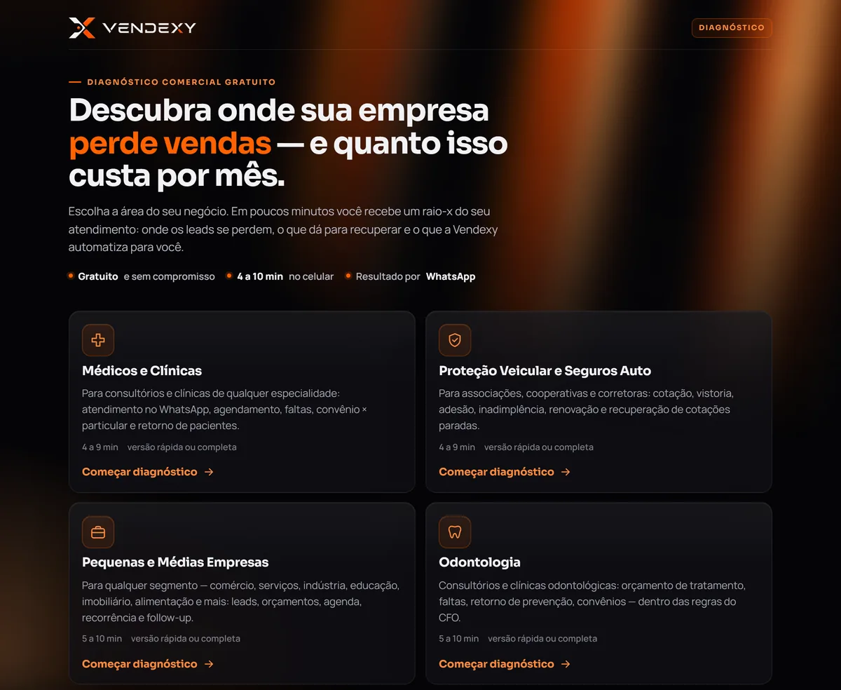Página inicial: A página onde tudo começa: um cartão por setor, cada um com o tempo estimado.